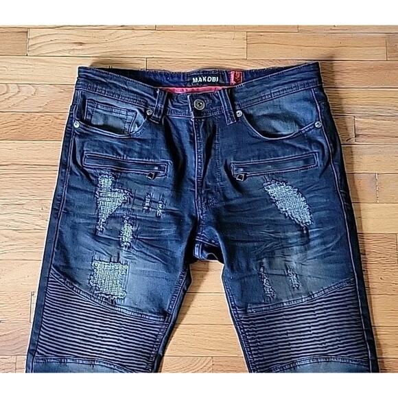 Makobi‎ Prado Biker Rip Repair Moto Jeans Blue Dark Wash Low Rise Straight Leg - Picture 3 of 11